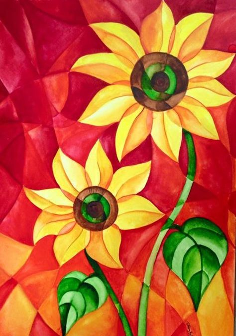 Sunflower Abstract, Abstract Cubism, Winsor And Newton, Winsor And Newton Watercolor, Geometric Shapes Art, Polygon Art, Cubism Art, Flower Painting Canvas, Lukisan Cat Air