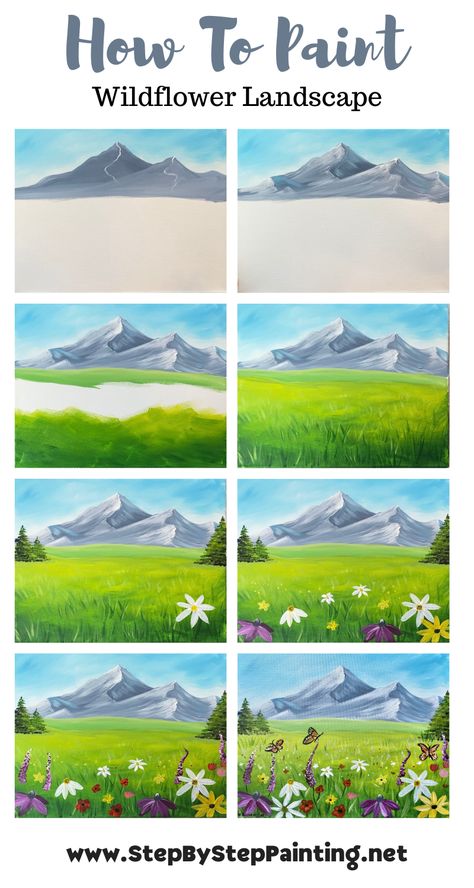 Acrylic Painting Tutorial Step By Step Online for members. Learn how to paint a Spring landscape with wildflowers and mountains. Landscape Drawing Easy Step By Step, How To Draw Landscape Easy, Easy Acrylic Painting Ideas Mountains, Step By Step Painting Mountains, How To Landscape Painting, Landscape Acrylic Painting For Beginners, Landscape Drawings Tutorial, How To Draw Mountains Acrylic, Landscape Paintings Easy Acrylic