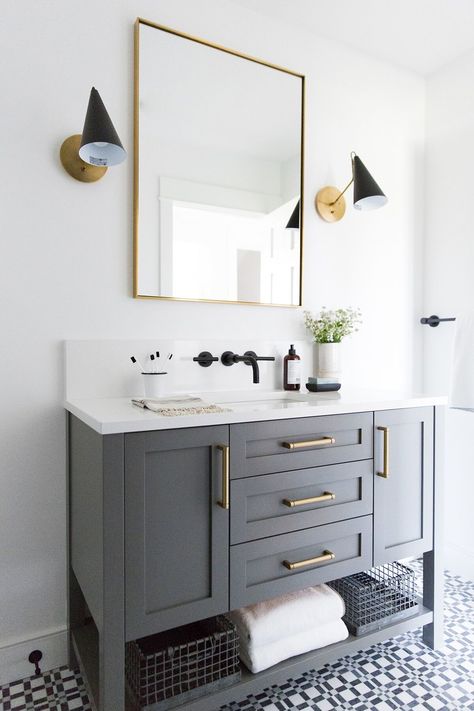 Tips for Bathroom Storage - Studio McGee Modern Traditional Bathroom, Gray Vanity, Mercer Island, Bad Inspiration, Bathroom Guest, Steam Showers Bathroom, Custom Vanity, Grey Cabinets, Studio Mcgee