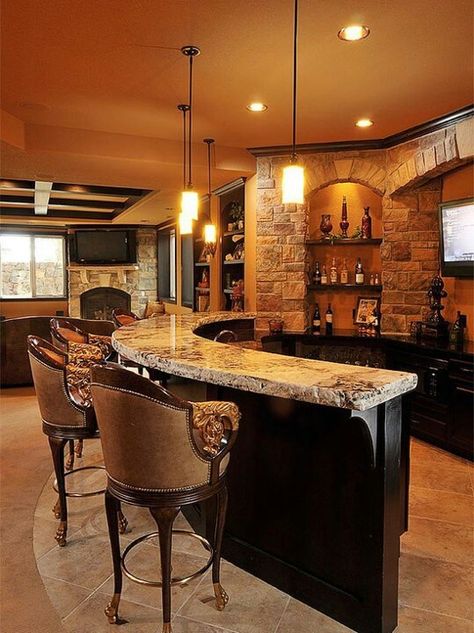 Like the angled wall & semi-circle bar Kitchen With An Island, Basement Bar Design, Traditional Family Room, Basement Bar Designs, Bar Tops, Bar In Casa, Home Bar Design, Real Estat, Home Bar Designs