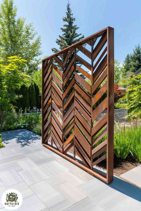 25 Unique Privacy Fence Ideas to Consider Pergola Wall Ideas Privacy Screens, Chevron Privacy Screen, Property Divider Ideas Outdoor, Wood Privacy Screen Outdoor, Chevron Privacy Wall, Deck Privacy Screen Ideas, Diy Privacy Wall Outdoor, Privacy Wall On Deck Wood Slats, Wood Privacy Wall