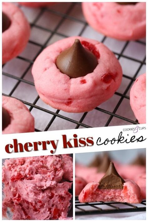 These Cherry Kiss Cookies are adorable and EASY! They're made with Maraschino Cherries which give them the cherry flavor and pink color! Topped with a Milk Chocolate Hershey's Kiss these are perfect for Valentine's Day or ANYTIME! #cookiesandcups #cookies #cookiesrecipe #hersheyskiss #kisscookie #cherrycookie Cherry Maraschino Cookies, Cherry Hershey Kiss Cookies, Cherry Cookies With Hershey Kiss, Desserts With Maraschino Cherries, Cookies With Hershey Kiss On Top, Cherry Cake Mix Cookies, Maraschino Cherry Recipes, Kisses Recipes, Cherry Kiss Cookies