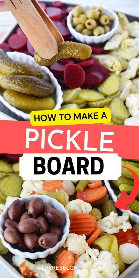 How to make a Pickle Charcuterie Board Charcuterie Board Pickled Vegetables, Pickle Plate Ideas, Pickles Olives Cheese Tray, Appetizer With Pickles, Pickle And Cheese Tray, Relish Charcuterie Board Ideas, Dill Pickle Charcuterie Board, Relish Trays For Thanksgiving, Pickled Charcuterie Board