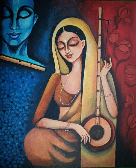 Acrylic on Canvas Meera Bai Paintings Abstract, Meera Painting Canvases, Meera Bai Paintings Easy, Mira Painting, Meera Bai Drawing, Modern Indian Art Paintings, Krishna Abstract, Lord Painting, Meera Bai