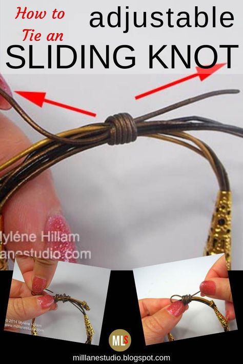 Learn how to tie an adjustable knot to finish the ends of your leather jewellery instead of attaching a clasp. The sliding knot also makes it easy to take off and put on without any help and adjust for the perfect fit. #MillLaneStudio #leatherjewelryknot #adjustableknot #howtotieaslidingknot #leathertutorial #leatherbraceletdiy How To Tie An Adjustable Knot Bracelets, Tie A Bracelet, Ceramic Necklaces, Slip Knot Bracelets, Sliding Knot Bracelet, Western Jewellery, Adjustable Sliding Knot, Leather Tutorial, Leather Jewelry Making