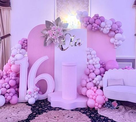 Sweet Sixteen Balloons Decorations, Sweet 16 Shades Of Pink, Pretty In Pink Sweet 16 Theme, Pink And White Sweet 16, 16 Shades Of Pink Party, Sweet 16 Backdrop Ideas, Sweet Sixteen Backdrop, Sweet 16 Decor, Sweet 13