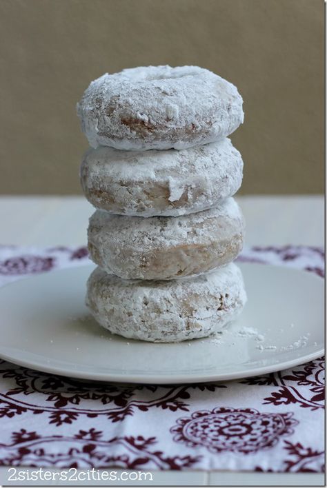 Baked Doughnuts with Powdered Sugar (from 2 Sisters 2 Cities) Cake Mix Doughnuts, Doughnuts Recipe, Baked Doughnuts, Powdered Donuts, 2 Sisters, Doughnut Recipe, Baked Donuts, Breakfast Breads, Donut Recipes