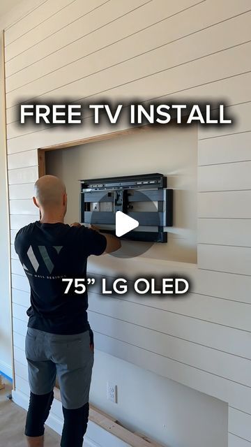 Accent Wall Designs on Instagram: "Need a TV hung?  Book an accent wall with us and we will hang your TV for FREE!  The picture quality on these new @lgusa @lg_global OLEDs is insane!  Is it time to upgrade your TV wall?  DM us for a quote, AZ Only! . Using @sanussystems full motion wall mount. . #tv #tvhanging #wallmount #sanusspaces #installation #free #tvwall #lg #oled #wallhanging #mounting #easy #inspo #howto #design" Tv Set Into Wall, Tv With Shiplap Wall, Height Tv On Wall, Wall Tv Mount Ideas, Large Wall Around Tv Decor, Tv Focus Wall Ideas, Cheap Tv Wall Ideas, 75 Inch Tv Above Fireplace, Large Tv On Wall Ideas Living Room