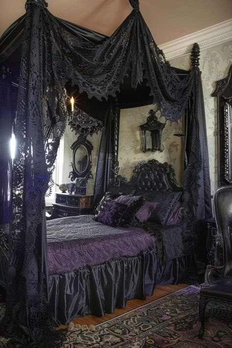 Goth Bedroom Ideas, Canopy Bed Ideas, Gothic Decor Bedroom, Goth Bedroom, Gothic Room, Dream Bedroom Inspiration, Gothic Bedroom, Dark Home Decor, Dream House Rooms