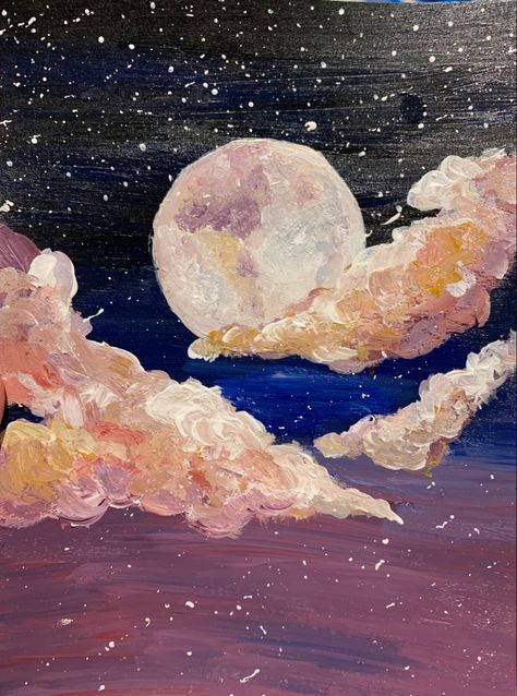 Crescent Moon Art Paintings, Oil Painting Moon Night Skies, Moon Space Painting, Moon Painting Aesthetic Easy, Cresent Moon Paintings, Colorful Moon Painting, Night Time Sky Painting, Moon Canvas Painting Ideas, Dream Like Paintings