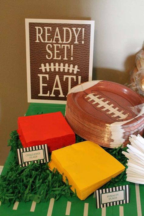 Ready to eat at a football birthday party! See more party planning ideas at CatchMyParty.com! Football Themed Birthday Party, Football Baby Shower, Sports Theme Birthday, Sports Birthday Party, Football Theme Party, Football Birthday Party, Super Bowl Party, Football Themes, Sports Birthday