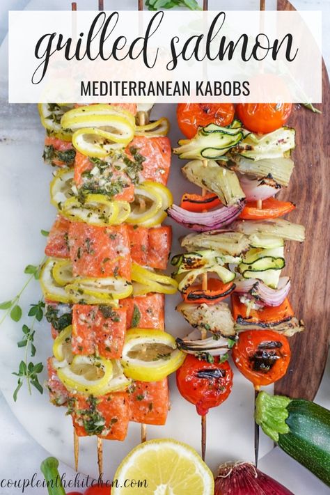 Salmon Kabobs Marinade, Mediterranean Grilled Salmon, Seafood Kabobs On The Grill, Salmon Kebabs Skewers, Grilled Salmon Sides, Mediterranean Bbq Ideas, Medditeranean Salmon Recipes, Mediterranean Kabob Recipes, Salmon Kabobs On The Grill