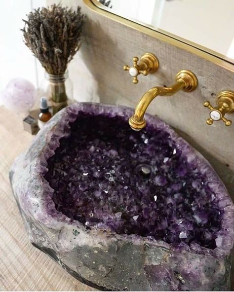 Beautiful Amethyst Sink!  I love the gold faucet too! Maximalism, Dream Rooms, Sink Diy, Gold Faucet, التصميم الخارجي للمنزل, Dream Bathrooms, Dream House Decor, Projects Diy, Design Case