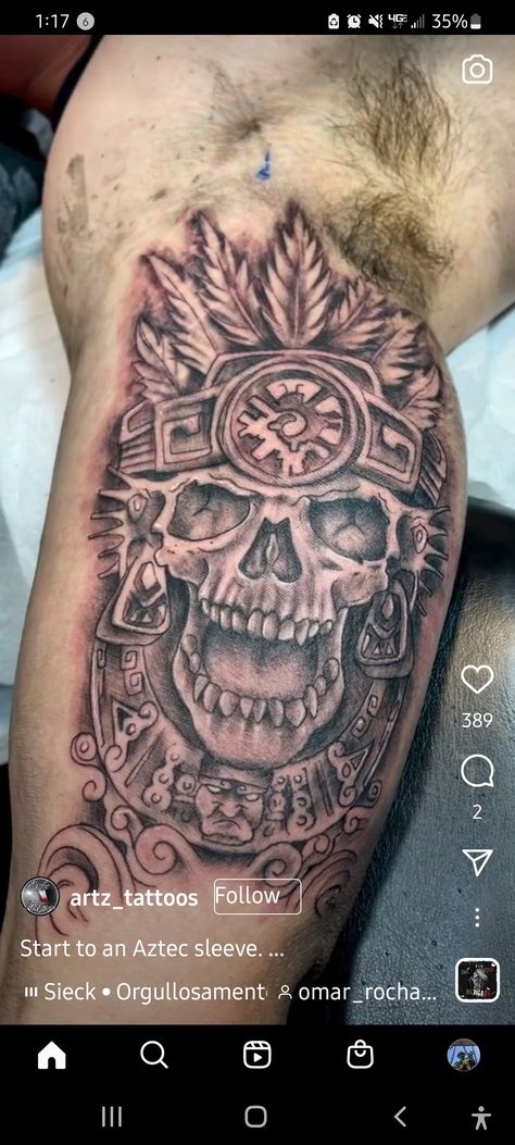 Aztec Sleeve, Skull Tattoos, Skull Tattoo, Sleeve Tattoos, Portrait Tattoo, Tattoo Ideas, Tattoos, Quick Saves