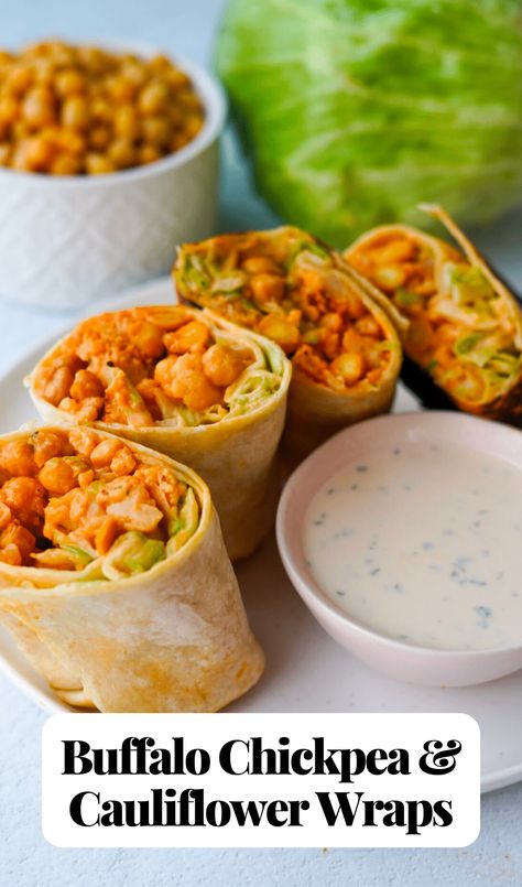 Buffalo Cauliflower Wrap Buffalo Cauliflower Wraps, Veg Board, Cauliflower Wraps, Vegetarian Wraps, Oil Free Vegan Recipes, Plant Based Lunch, Vegan Kids Recipes, Vegan Recipes Plant Based, Quick Vegan Meals