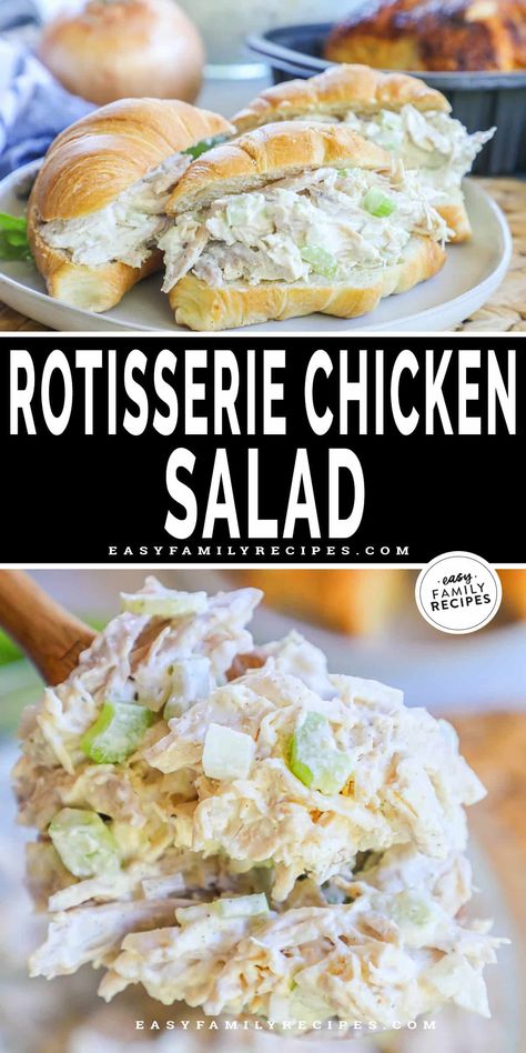 BEST Chicken Salad EVER! This classic rotisserie chicken salad recipe is an easy win! It's a no-cook fast meal prep recipe for lunch and dinner. Pre-cooked chicken with simple staples like celery, onions, mayo and seasonings make a cool, creamy, family friendly meal. Get ahead for the week with lunch prep - bread or croissants make delicious chicken salad sandwiches or use it all week as an easy dip for crackers. Chicken salad made with rotisserie chicken is the easy, healthy meal you’re after! Shredded Chicken Salad Sandwich, Easy Rotisserie Chicken Salad, Plain Chicken Salad Recipe, Chicken Salad From Rotisserie Chicken, Chicken Salad Using Rotisserie Chicken, Chicken Salad With Basil, Chicken Salad Rotisserie Easy, Rotisserie Chicken Recipes Salad, Easy Healthy Chicken Salad Recipe