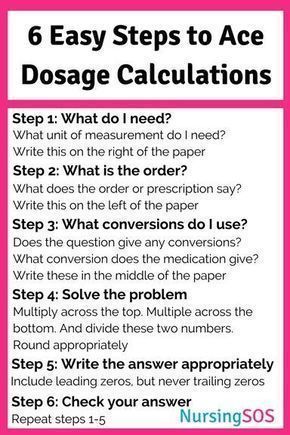 6 Easy Steps to Ace Dosage Calculations #nursingstudent #nurse #resources - Image Credits: Nursing SOS | Nursing School Study Tips + Motivation Dosage Calculations Nursing, Pharmacy Technician Study, Nursing Math, Medical Math, Dosage Calculations, Lpn Schools, Nursing School Essential, Student Tips, Nursing School Motivation