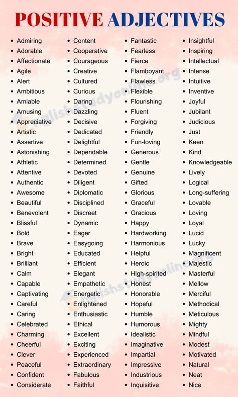 The Ultimate List of 1000+ Positive Adjectives for Daily Use - English Study Online Enchanting Words List, Quality Adjectives List, Other Words For Amazing, List Of Words For Writing, Love Adjectives, Beautiful Adjectives, Advanced Adjectives, Writing Adjectives, Unique Adjectives