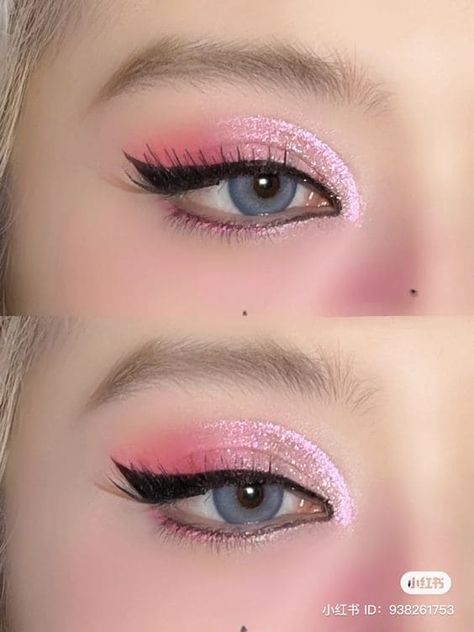 glitter eyeshadow look: pink Pink Oc Art, Pink Fairy Makeup Looks, Pastel Pink Eyeshadow, Pink Fairy Makeup, Pink And White Makeup, Glitter Eyeshadow Looks, Bold Lipstick Makeup, Pink Eye Makeup, Cute Eye Makeup