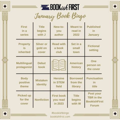 A bingo board with a cream-colored background and a decorative border. The prompts are all bookish and related to reading challenges Bookish Bingo, Camping Bingo, Bingo Books, Road Trip Bingo, Summer Bingo, Free Printable Bingo Cards, Bingo Games For Kids, January Books, Free Bingo Cards