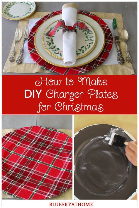 How to Make DIY Charger Plates for Christmas. Learn how to use Dollar Tree chargers to create plaid chargers for your Christmas tablescape. Mod Podge Charger Plates, Charger Plate Setting, Diy Chargers Plates Ideas Christmas, Decoupage Christmas Plates, Upcycle Charger Plates, Christmas Charger Plates Diy, Diy Plate Chargers Ideas, Crafts Using Charger Plates, Charger Plates Decor Ideas