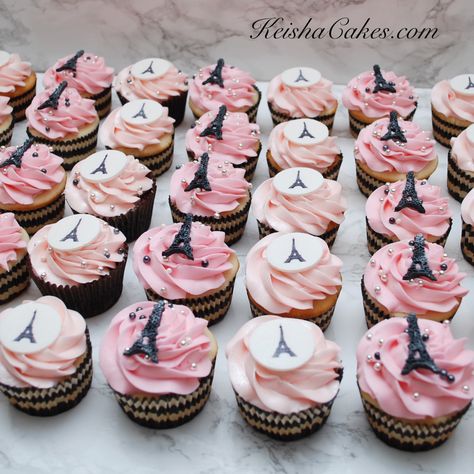 Pink buttercream used on vanilla cupcakes with an edible image and fondant Eiffel Tower decorations. Eiffel Tower Cupcakes, French Themed Cupcakes, Paris Theme Cupcakes, Paris Theme Cake, Paris Theme Party Decorations, Paris Birthday Cakes, Paris Cupcakes, Parisian Birthday, French Cakes