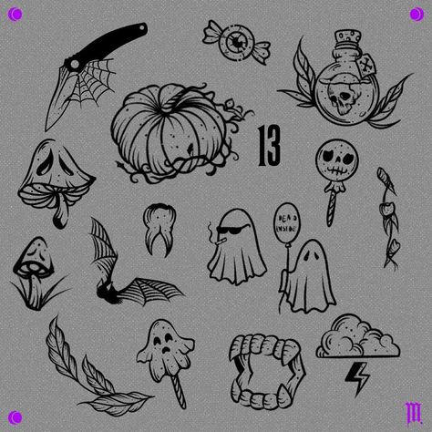 Cool Small Drawings, Halloween Things To Draw, Goth Tatoos, Spooky Flash, Halloween Tattoo Flash, Clock Tattoos, Tattoo Kids, Cute Halloween Tattoos, Pocket Watch Tattoos