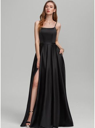 Elegant Black Dresses Long, Formal Bridesmaids Dresses Black, Bridesmaid Dresses With Pockets, Bridesmaid Dresses Square Neckline, Bridesmaid Dress With Pockets, Black A-line Dress, Square Neck Gown Bridesmaid Dresses, Black Satin Ball Gown, Satin Black Dresses