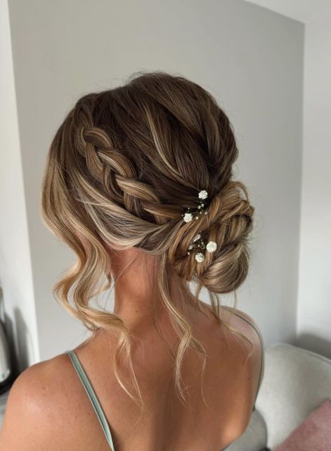 Updo Hair Bridesmaid, Side Hairstyles Bridesmaid, Messy Bun Bridesmaid Hair, Up Dos For Homecoming Hairdos, Low Bun Updo Wedding Bridesmaid, Bridesmaid Hair Halter Dress, Bridesmaid Hairstyles With Hair Piece, Hair Styles For A Wedding Bridesmaid, Hair Up Bridesmaid Styles