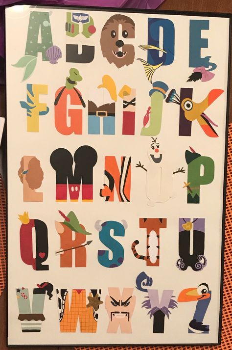 Disney Alphabet Poster handmade Disney Alphabet Letters, Disney Characters Letters, Disney Typography, Alphabet List, Name Art Projects, Disney Letters, Abc Disney, Handmade Poster, Disney Alphabet