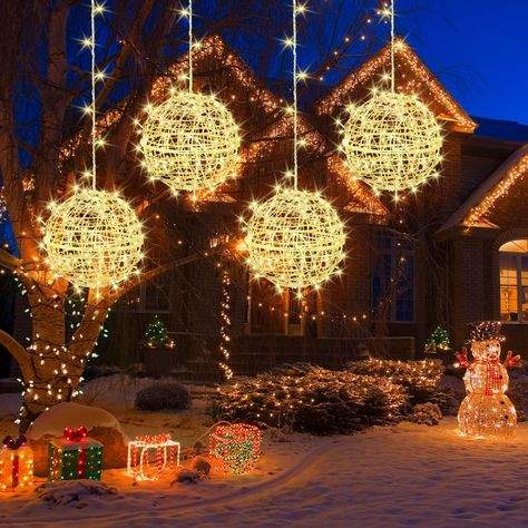 PRICES MAY VARY. Plastic + Copper 🎁【Christmas Outdoor Decorations Lights】- A string of garden globe lights with 4 luminescent balls, each measuring 7.9 inches in diameter. Each ball features 46 LED bulbs, with a 2.62ft drop length for each ball and a 3.28ft gap between two balls, 24.6ft extension cord. TuoPuLife sphere lights will make your house shine the brightest on street. 🎁【Twinkling Christmas Garden Ball Lights】- Christmas holiday decor string lights works great with the yard and roofs. Exterior Tree Christmas Lights, Christmas Outdoor House Lights, Hanging Tree Lights Outdoor, Pergola Christmas Lights, Christmas Outdoor Tree Decorations, Classic Christmas Yard Decorations, Decorating Outdoor Christmas Trees, Gazebo Christmas Decorations, Large Yard Christmas Decorations