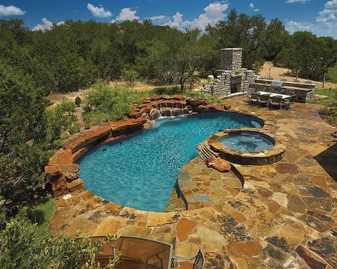 Land Design flagstone pool deck Stone Pool Deck, Lazy River Pool, Inground Pool Designs, Stone Deck, Spa Area, Freeform Pools, Landscape Outdoor, Stone Pool, Pool Remodel