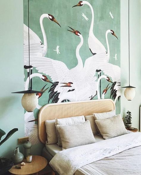 #guccicranewallpaper #gucci #guccihome #bedroom #greenbedroom #cranewallpaper Fresh Bedroom, Sage Green Bedroom, Interior Vintage, Study Design, Wallpaper Pastel, Wallpaper Vintage, 자수 디자인, Design Del Prodotto, Bedroom Green