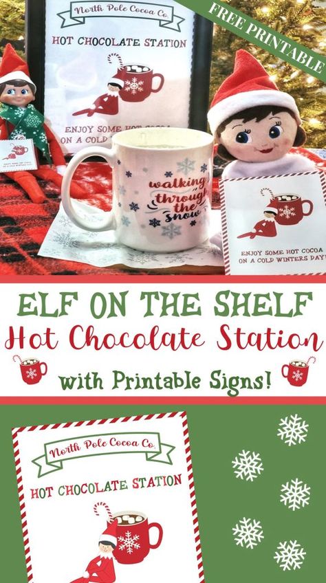 If you have an Elf on the Shelf in your house this Christmas season, this is a fun activity for you and your family to do! Set up a Elf themed Hot Chocolate Station with hot cocoa and all the fixings along with these festive large and elf sized printable signs! Hot Chocolate Printable, Marshmallow Sauce, Hot Chocolate Station, Hot Chocolate Sign, Chocolate Station, Gathering Ideas, Christmas Snack, Chocolate Spoons, Peppermint Sticks