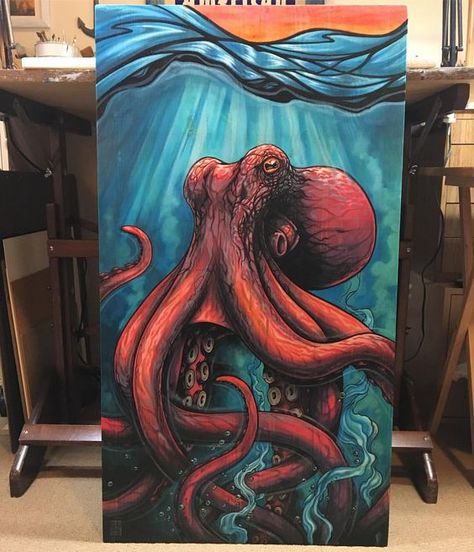 Octopus Painting, Octopus Art, Painting Art Projects, Ocean Art, Diy Art Painting, Kraken, Mural Art, Canvas Art Painting, الرسومات اللطيفة