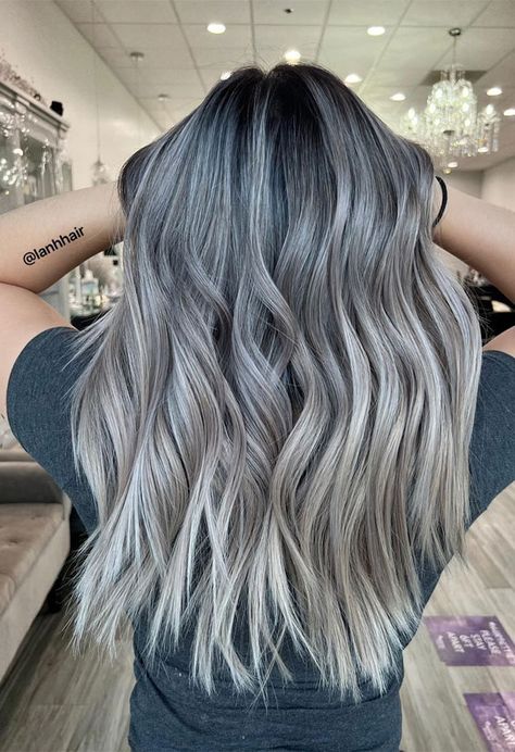 Balayage, Light Ash Brown Hair With Dark Roots, Smokey Ash Brown Hair With Highlights, Light Ash Balayage On Dark Hair, Platinum Grey Balayage, Smokey Grey Highlights, Dark Roots Ash Blonde Hair Balayage Brunettes, Ash Sombre Hair, Ash Blonde Color Melt