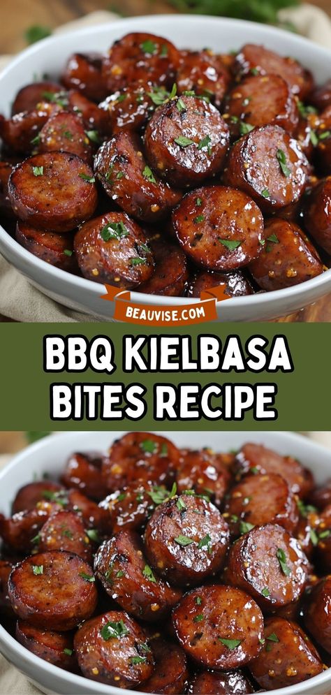 Are you looking for an irresistible appetizer that will wow your guests and have them coming back for more? Look no further than BBQ Kielbasa Bites! These bite-sized pieces of smoky sausage are coated in a sticky, caramelized BBQ glaze that’s sweet, tangy, and just a little spicy.  #cooking #recipe #baking #dinner #tasty #desserts #food Keilbasa Appetizer Recipe, Recipe With Kielbasa Sausage, Sausage Bites Appetizers, Keilbasa Recipes Dinner, Bbq Sausage Bites, Bbq Smoked Sausage, Bbq Kielbasa, Kielbasa Bites Recipe, Easy Kielbasa Recipes