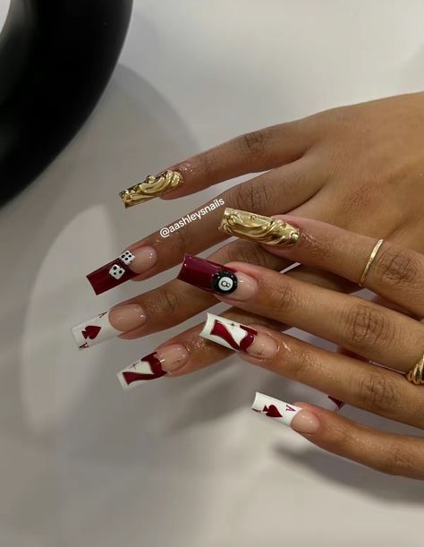 Nails Acrylic Red And Gold, Red White French Tip Nails, Red Gold And White Nails, Red Ferrari Nails, Red Birthday Nail Designs, Grill Nails, Red And Gold Nails Acrylic, Wine Red Nails Designs, 777 Nails