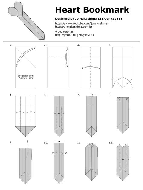 Origami Heart Bookmark - Jo Nakashima Paper Bookmarks Heart, Simple Origami Bookmark, Index Card Origami, Bookmark Origami Tutorials, How Make Bookmark, Cute Bookmarks Origami, Bookmark Ideas Origami, Origami Paper Bookmark, How To Make A Bookmark Easy