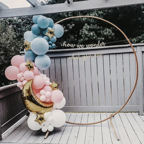 Balloon backdrop at gender reveal party Simple Gender Reveal Balloon Garland, Gender Reveal Balloon Circle Arch, Simple Backdrop Gender Reveal, Gender Reveal Ideas Balloon Arch, Gender Reveal Circle Backdrop, Ballon Arch Gender Reveal, Gender Reveal Round Balloon Arch, Flowers For Gender Reveal Party, Balloon Decorations For Gender Reveal