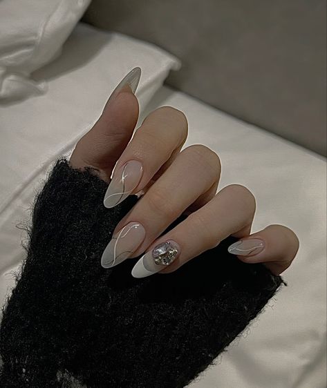 Gorpcore Nails Aesthetic, Transparent Cybercore, Gorpcore Nail, Nails For Silver Dress, Almond Nails With Charms, Subversive Nails, Cybercore Nails, French Tips Nails, Nails Almond Shape