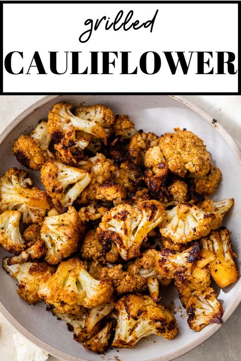 This spicy Grilled Cauliflower recipe blows all other cauliflower side dishes out of the water! The florets are tossed with smoky-spicy seasonings, then grilled to tender and lightly charred perfection. It’s an exciting and flavor-packed side dish that pairs well with any meal! Cauliflower Recipes On The Grill, Cauliflower On Bbq, Cauliflower Grill Recipes, Roasted Cauliflower On The Grill, Grilled Cauliflower In Foil, Bbq Cauliflower Recipes, Beginner Grilling Recipes, Summer Cauliflower Recipes, Veggie Grill Recipes