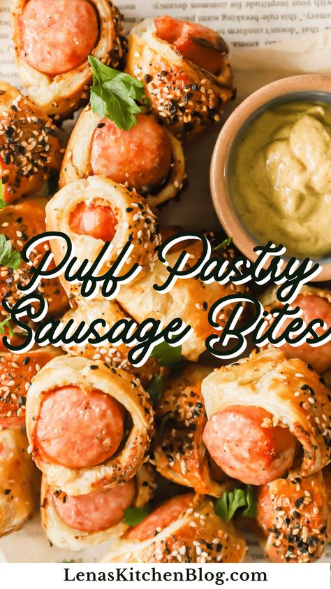 ‘Wow�’ your party guests with these bite-sized Puff Pastry Sausage Bites. Easy to make with puff pastry and smoked sausage, these everything bagel-seasoned appetizers are always a hit. Sausage Appetizers For Party Easy, Everything Bagel Sausage Bites, Puff Pastry Kielbasa, Smoked Sausage Wrapped In Puff Pastry, Sausage In Puff Pastry Roll Recipe, Kielbasa Puff Pastry, Appetizer Puff Pastry Appetizers, Sausage Wrapped In Puff Pastry, Smoked Sausage Bites Appetizer Recipes