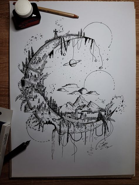 Imagination World Drawing, Drawing Vibes Aesthetic, Epic Drawings Sketches, Pen Illustration Art Ink Drawings, Mystical Art Drawings, Space Drawing Sketch, Nature Ink Drawing, Abstract Ink Drawing, Inktober Dream Drawing