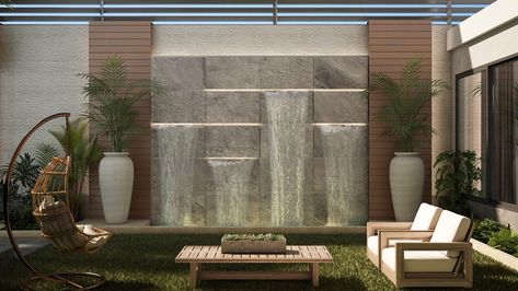 Terrace Waterbody Design, Waterfall In Landscape Design, Modern Wall Fountain Outdoor, Waterfall Modern Design, Modern Waterfall Backyard, Modern Wall Waterfall Outdoor, Waterfall Home Decor, Waterbody Landscape Design, Waterfall Design Ideas