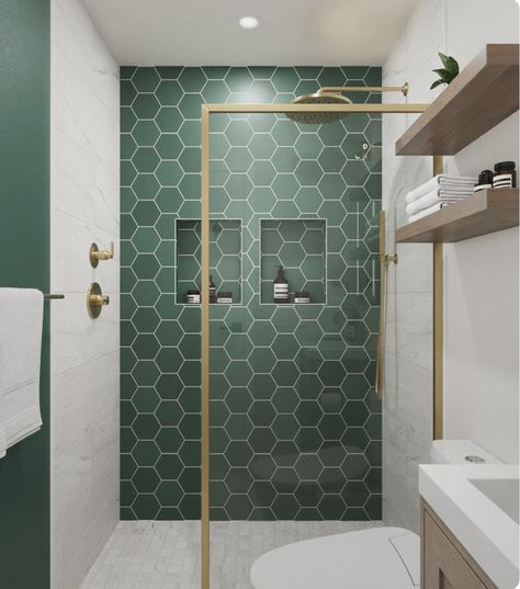 Bathroom Tiles Design Ideas, Green Tile Bathroom, Master Shower, Bathroom Redesign, Small Toilet, Bathroom Design Inspiration, Bathroom Tile Designs, Basement Bathroom, Big Bathrooms