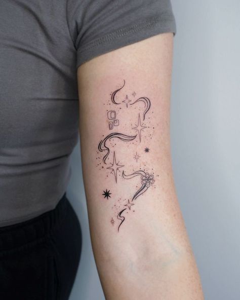 Tattoo • Instagram Will Of The Wisp Tattoo, Fairy Aesthetic Tattoo Designs, Tangled Rapunzel Tattoo, Magic Wand Tattoo, Aelin Tattoo, Fairytale Tattoo Ideas, Magical Tattoo Ideas, Practical Magic Tattoo, Rapunzel Tattoo