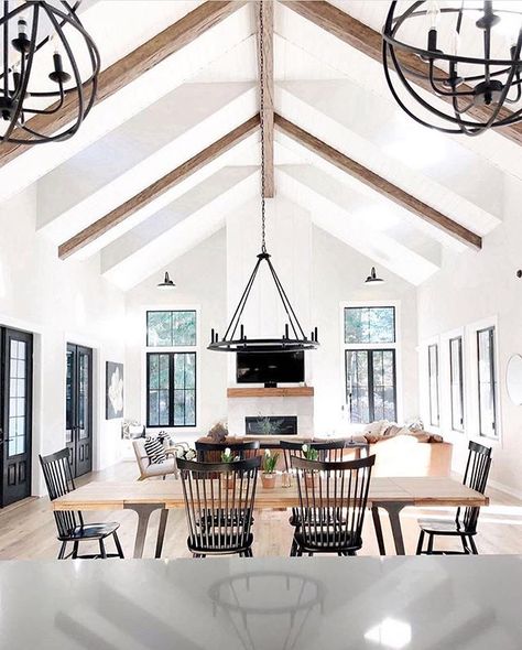 White, Black, and wood tones are our favorite. Classic, not fussy, modern farmhouse at its best. If you could have one thing in this room,… Build Your Own House, Cathedral Ceiling, Fireplace Design, Living Room Grey, Open Concept, Living Room Inspiration, Luxury Interior Design, Room Table, Home Fashion