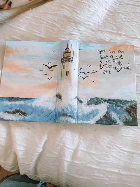 Painted Bible Cover Beach, Bible Paintings Aesthetic, Painted Bible Aesthetic, Bible Inspired Paintings, Painting On Bible Cover, Bible Cover Art Aesthetic, Cute Bibles Covers, Bible Art Cover, Bible Inspired Art