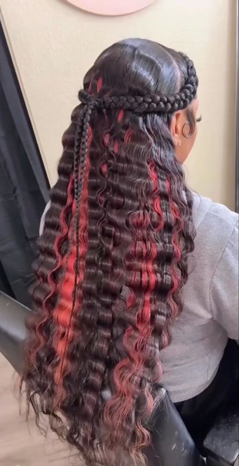 Two Braids Hairstyle With Hair Down, 2 French Braids With Weave In Back, Prom Braided Hairstyles For Black Women, Criss Cross Rubber Band Quickweave, Half Up Half Down With Two Strands, 13 Birthday Hairstyles Braids, Outfits Ideas Birthday, Cute Hairstyles For Graduation, 2 Braids With Weave In The Back